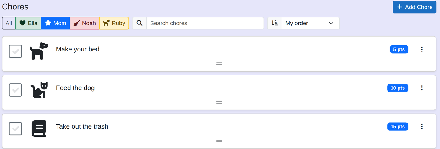 The chore list, filtered by profile: pills for Ella, Mom, Noah and Ruby above chores called Make your bed, Feed the dog and Take out the trash, each with its own icon and a points badge.