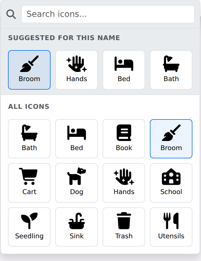 The icon picker, suggesting a broom, hands, a bed and a bath for a chore, above the full grid of icons to search.