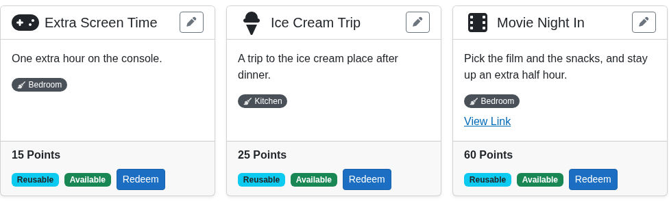 Three reward cards -- Extra Screen Time for 15 points, Ice Cream Trip for 25, Movie Night In for 60 -- each with a Redeem button.